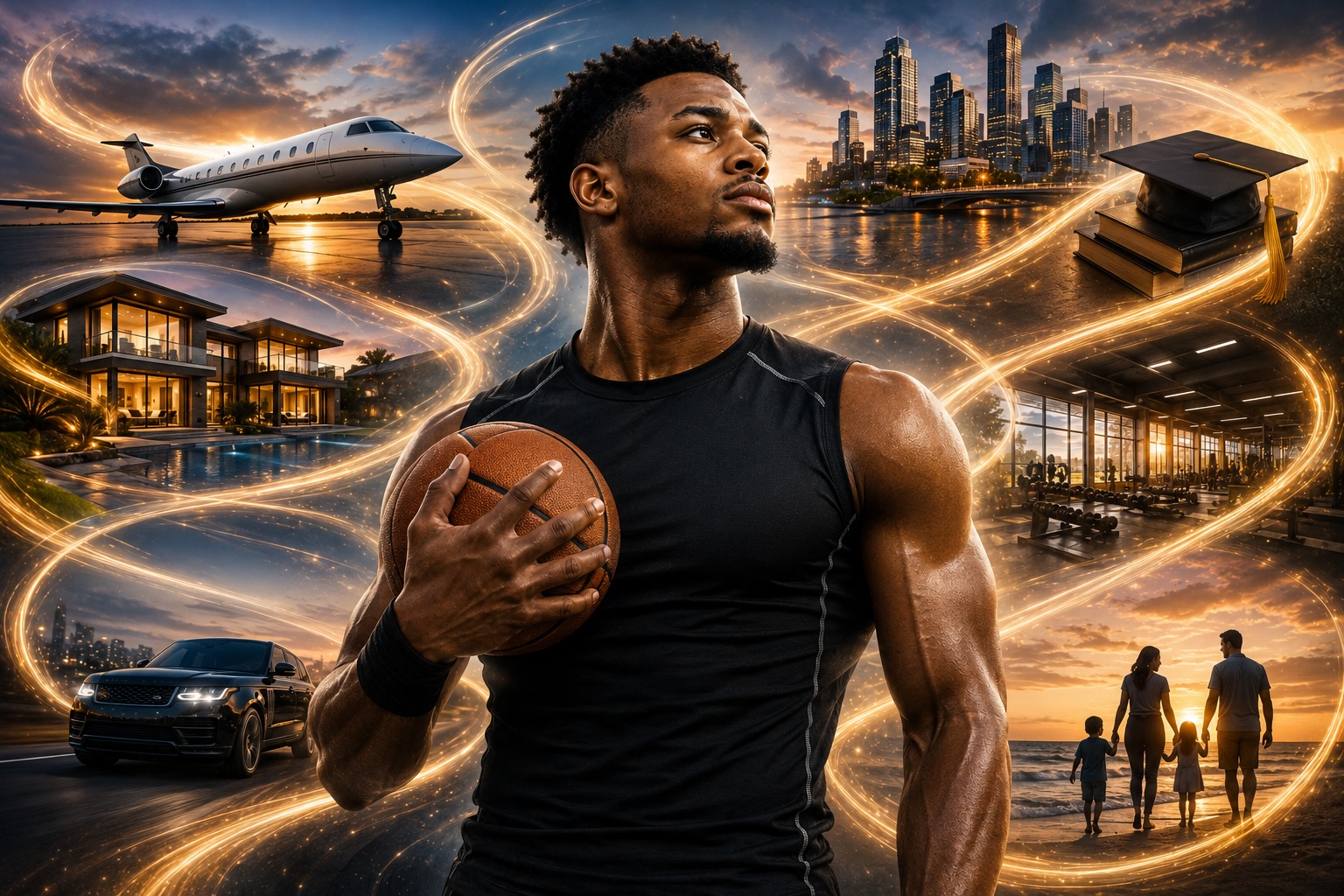 Athlete holding a basketball with scenes of legacy and opportunity for Athlete Edition