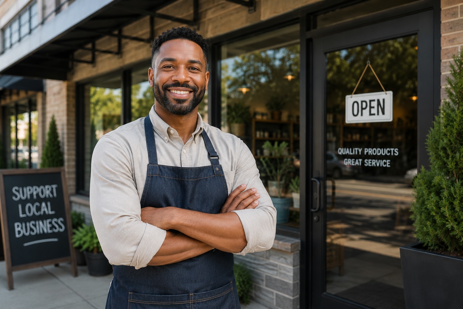Business owner standing outside a local storefront for Business Mastery