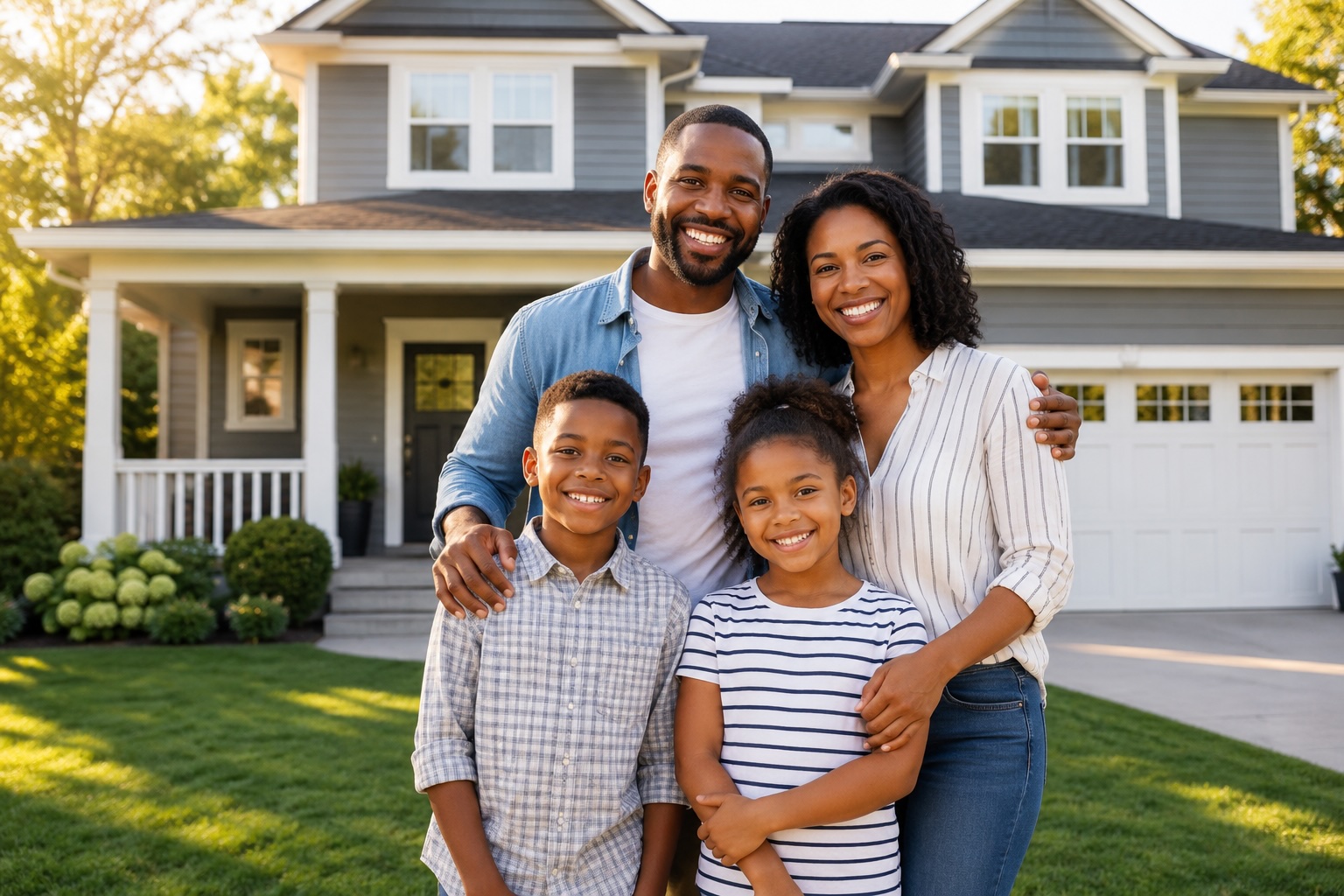 Family standing in front of their home for Personal Finance Foundations