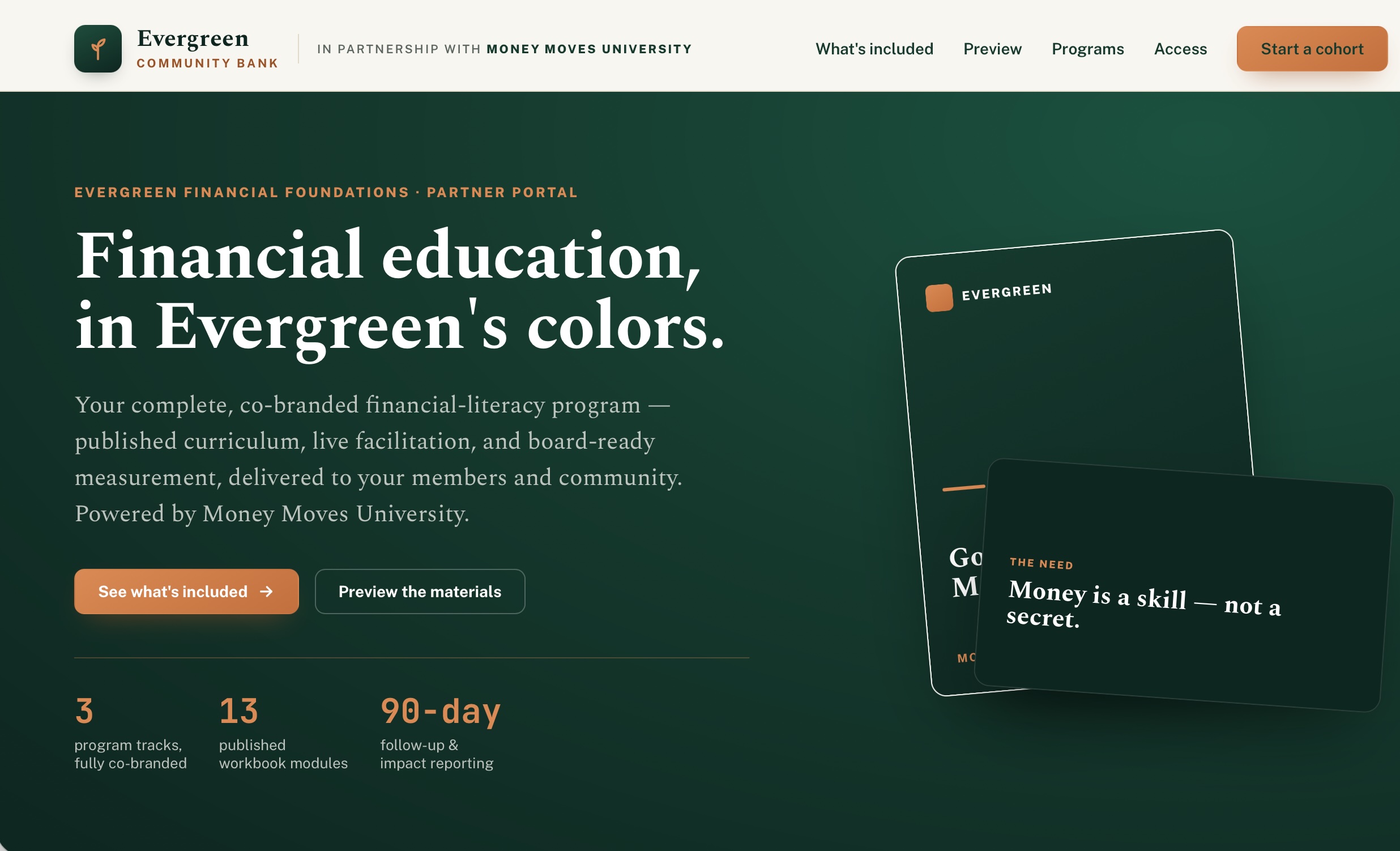 Evergreen Community Bank co-branded Money Moves University partner portal preview